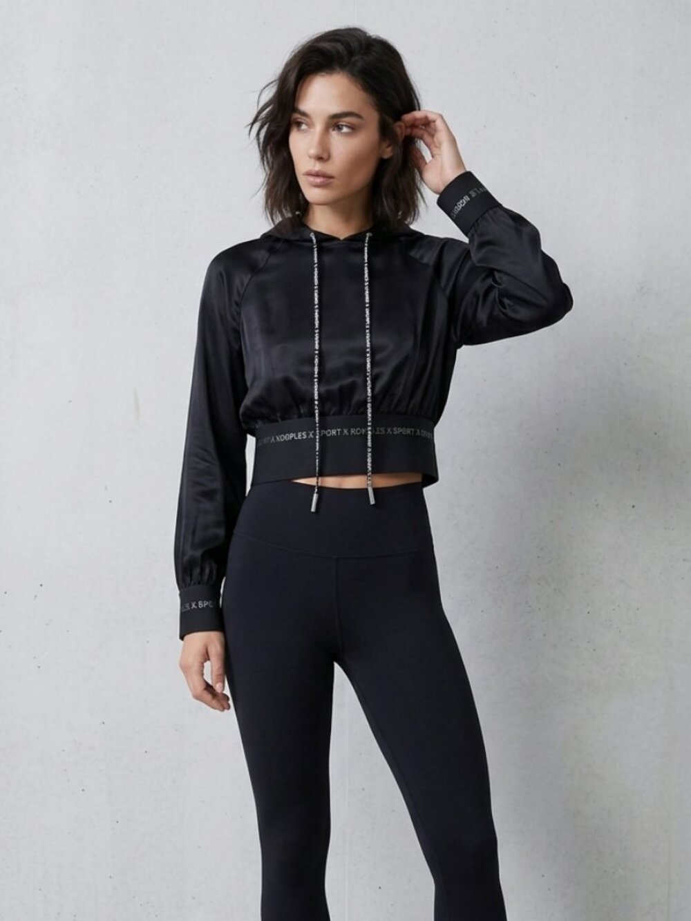 The Kooples x Sport Black Satin Cropped Logo Hoodie Top Sz XS/S